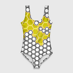 Купальник-боди 3D женский Жёлтая энерго-броня из шестиугольников, цвет: 3D-принт