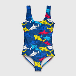 Купальник-боди 3D женский Разноцветные акулы на глубине, цвет: 3D-принт
