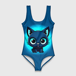 Купальник-боди 3D женский Котёнок на синем, цвет: 3D-принт