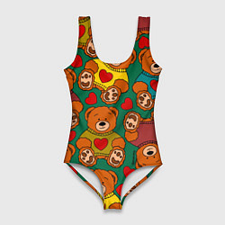 Купальник-боди 3D женский Игрушки мишки в цветных свитерах и сердца, цвет: 3D-принт