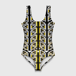 Купальник-боди 3D женский Жёлто-белые треугольники на чёрном фоне, цвет: 3D-принт