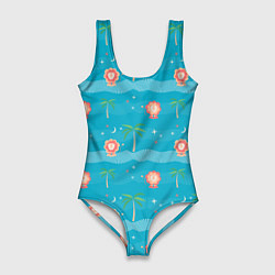 Купальник-боди 3D женский Львята и голубой океан, цвет: 3D-принт