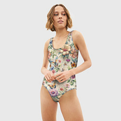 Купальник-боди 3D женский Летний узор с цветами и бабочками, цвет: 3D-принт — фото 2