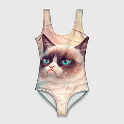 Купальник-боди 3D женский Мемный кот Grumpy Cat с нимбом, цвет: 3D-принт