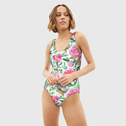 Купальник-боди 3D женский Пионы и зеленушка, цвет: 3D-принт — фото 2