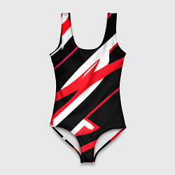 Купальник-боди 3D женский Красно-белые полосы на чёрном фоне, цвет: 3D-принт