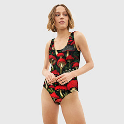 Купальник-боди 3D женский Лесные красные грибы мухоморы - паттерн, цвет: 3D-принт — фото 2