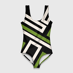 Купальник-боди 3D женский Прямоугольники по диагонали-зеленый, черный, цвет: 3D-принт