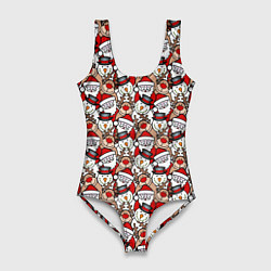 Купальник-боди 3D женский Деды Морозы олени снеговики, цвет: 3D-принт