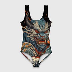 Купальник-боди 3D женский Японский дракон и волны в стиле тату ирезуми, цвет: 3D-принт