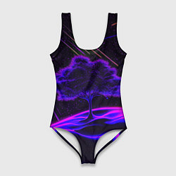 Купальник-боди 3D женский Дерево и звездопад неоновый космос, цвет: 3D-принт