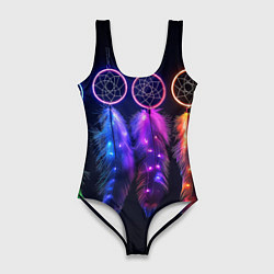 Купальник-боди 3D женский Ловцы снов - свечение перьев, цвет: 3D-принт