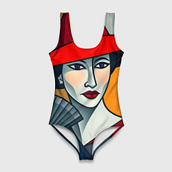 Купальник-боди 3D женский Дама с веером, цвет: 3D-принт