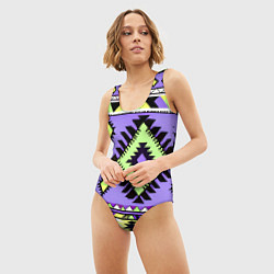 Купальник-боди 3D женский Геометрический сиренево желтый орнамент ацтеков, цвет: 3D-принт — фото 2