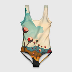 Купальник-боди 3D женский Сюрреалистичный пейзаж с цветами, цвет: 3D-принт