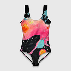 Купальник-боди 3D женский Розовая текстура в черном, цвет: 3D-принт