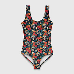 Купальник-боди 3D женский Черепа и цветы Santa Muerte, цвет: 3D-принт