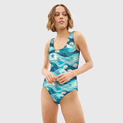 Купальник-боди 3D женский Летний узор с ракушками и морскими звездами, цвет: 3D-принт — фото 2