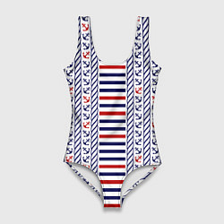 Купальник-боди 3D женский Полосатый морской орнамент с якорями, цвет: 3D-принт