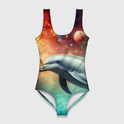 Купальник-боди 3D женский Галактический дельфин - неоновый космос, цвет: 3D-принт