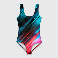 Купальник-боди 3D женский Синяя и красная краска на черном, цвет: 3D-принт