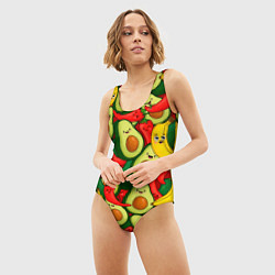 Купальник-боди 3D женский Авокадо, бананы, перцы чили улыбаются - паттерн фр, цвет: 3D-принт — фото 2