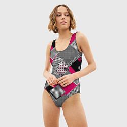 Купальник-боди 3D женский Красно черная абстрактная геометрия пэчворк, цвет: 3D-принт — фото 2