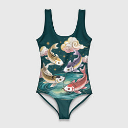 Купальник-боди 3D женский Рыбы в облаках над прудом, цвет: 3D-принт