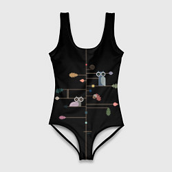 Купальник-боди 3D женский Ученые совы осенью в лесу, цвет: 3D-принт