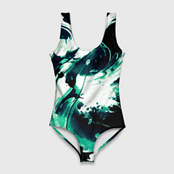 Купальник-боди 3D женский Чёрно-зелёный абстракция волна, цвет: 3D-принт