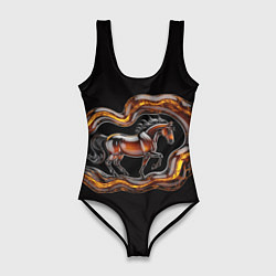 Купальник-боди 3D женский Стилизованная бегущая янтарная лошадь, цвет: 3D-принт
