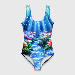 Купальник-боди 3D женский Цветы на глубине освещённые лучами, цвет: 3D-принт