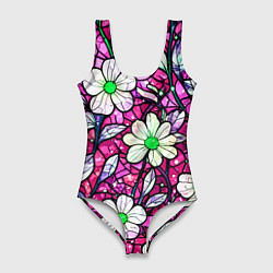 Женский купальник-боди Цветочный розовый витраж