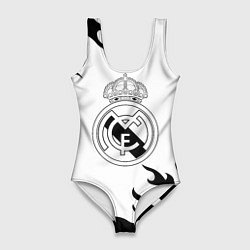 Купальник-боди 3D женский Реал Мадрид черный огонь, цвет: 3D-принт