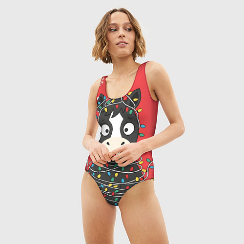 Женский купальник-боди Лошадка в новогодних огоньках / 3D-принт – фото 3