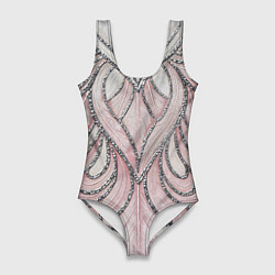 Купальник-боди 3D женский Нежно розовый орнамент из перьев, цвет: 3D-принт