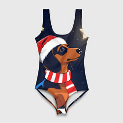 Купальник-боди 3D женский Новогодняя такса и звезды, цвет: 3D-принт