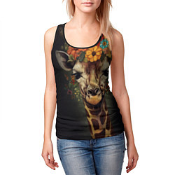 Майка-безрукавка женская Портрет жирафа с цветами: арт нейросети, цвет: 3D-черный — фото 2