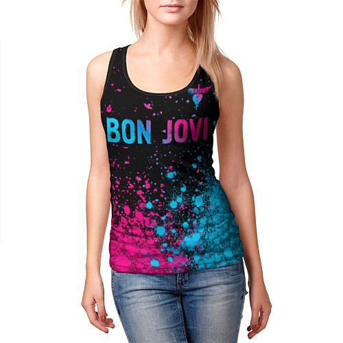 Женская майка без рукавов Bon Jovi - neon gradient: символ сверху / 3D-Черный – фото 3