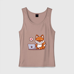 Майка женская хлопок Cute fox and laptop, цвет: пыльно-розовый