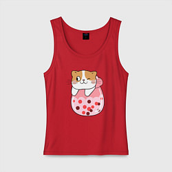 Майка женская хлопок Довольный котик в стакане с мороженым, цвет: красный