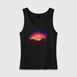 Майка женская хлопок 3D неоновые горы на закате, цвет: черный