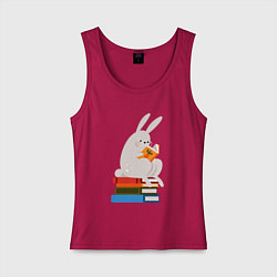 Майка женская хлопок Читающий кролик на книгах, цвет: маджента