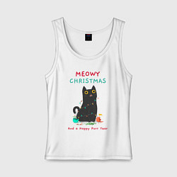 Майка женская хлопок Meowy Christmas and a happy purr year, цвет: белый