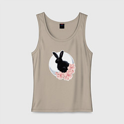 Майка женская хлопок Черный кролик в цветах, цвет: миндальный