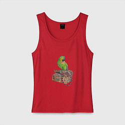Майка женская хлопок Зеленый попугай на сундуке с сокровищами, цвет: красный