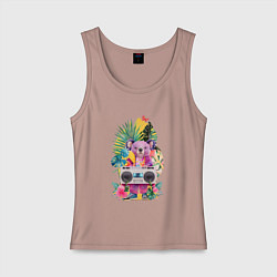 Майка женская хлопок Розовая коала с бумбоксом и тропическими листьями, цвет: пыльно-розовый