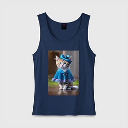Майка женская хлопок Кошка в голубом платье, цвет: тёмно-синий