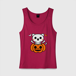 Майка женская хлопок Веселый кот-скелет в тыкве - Хэллоуин, цвет: маджента