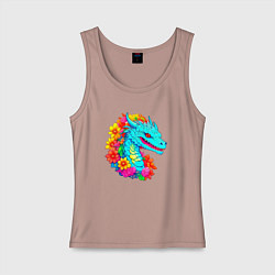 Майка женская хлопок Дракон в цветах, цвет: пыльно-розовый